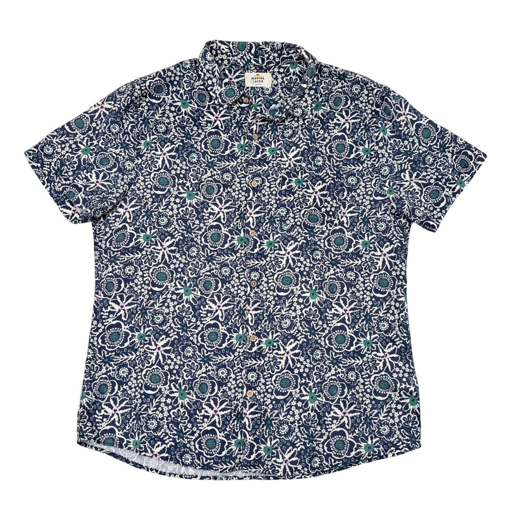 Marine Layer Shirt Mens Size Medium Blue Floral Print Short Sleeve Button Up